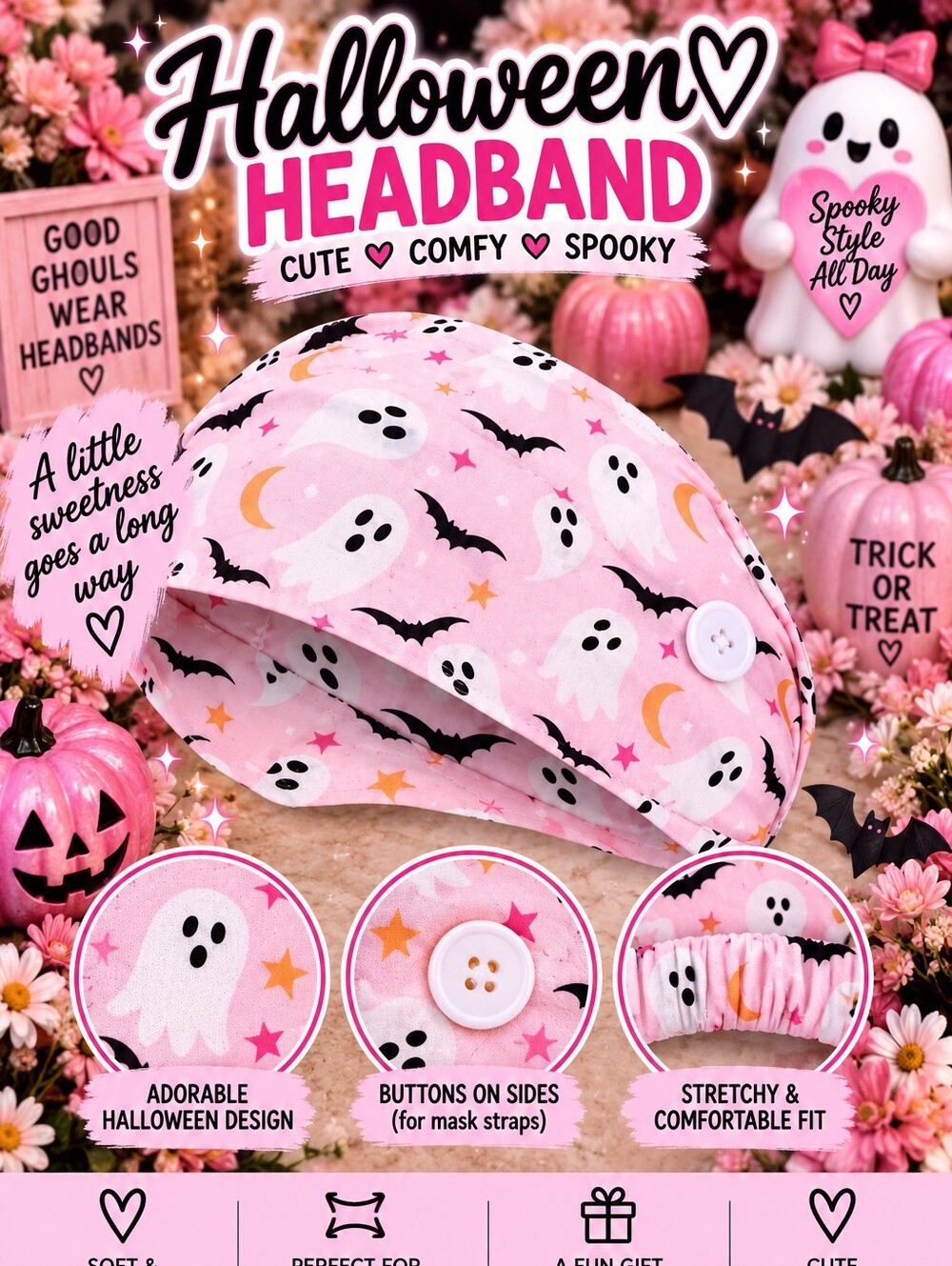 Pink Halloween Headband - Pink Ghost & Bat Print